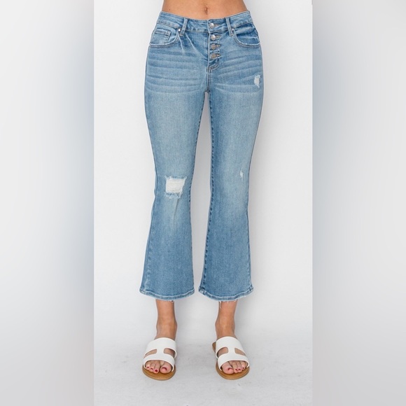 Stylish Distressed Blue Flare Jeans - Picture 4 of 7